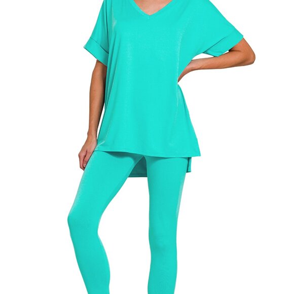 V‑Neck Short-Sleeve Loungewear Leggings Set-Buttery Soft Brushed DTY Microfiber - Picture 2 of 4